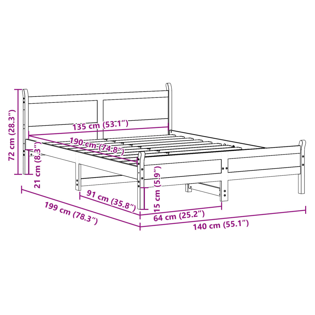 Cadre de lit sans matelas cire marron 135x190cm bois pin massif - XIOS
