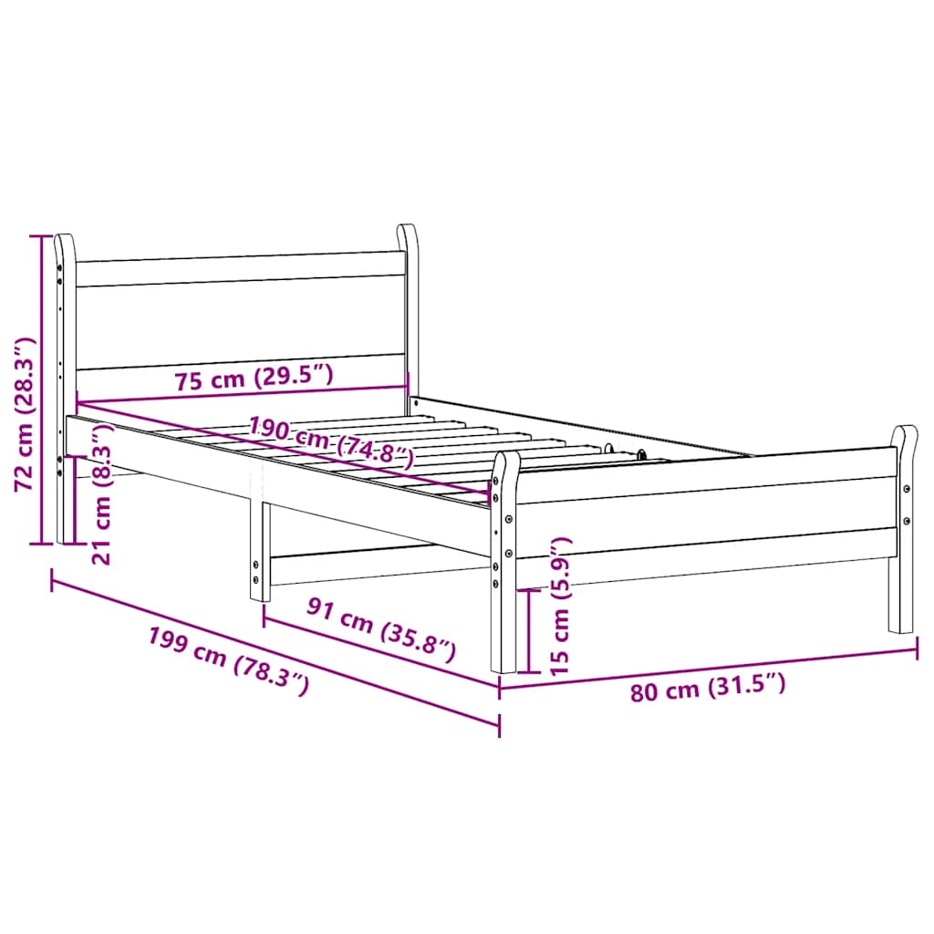 Cadre de lit sans matelas cire marron 75x190 cm bois pin massif - XIOS