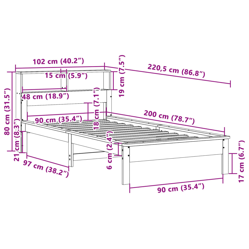 Lit bibliothèque sans matelas blanc 90x200cm bois de pin massif - XIOS