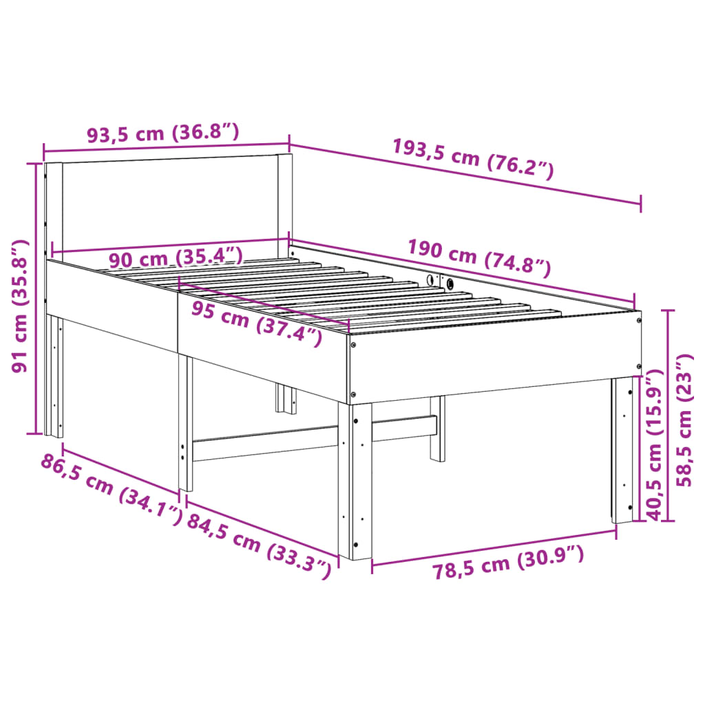Cadre de lit sans matelas 90x190 cm bois de pin massif - XIOS