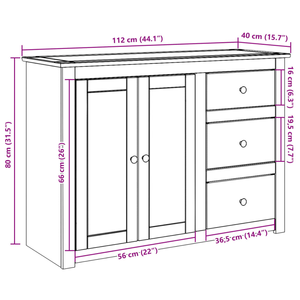 Buffet avec tiroirs PANAMA 112x40x80 cm bois massif de pin - XIOS