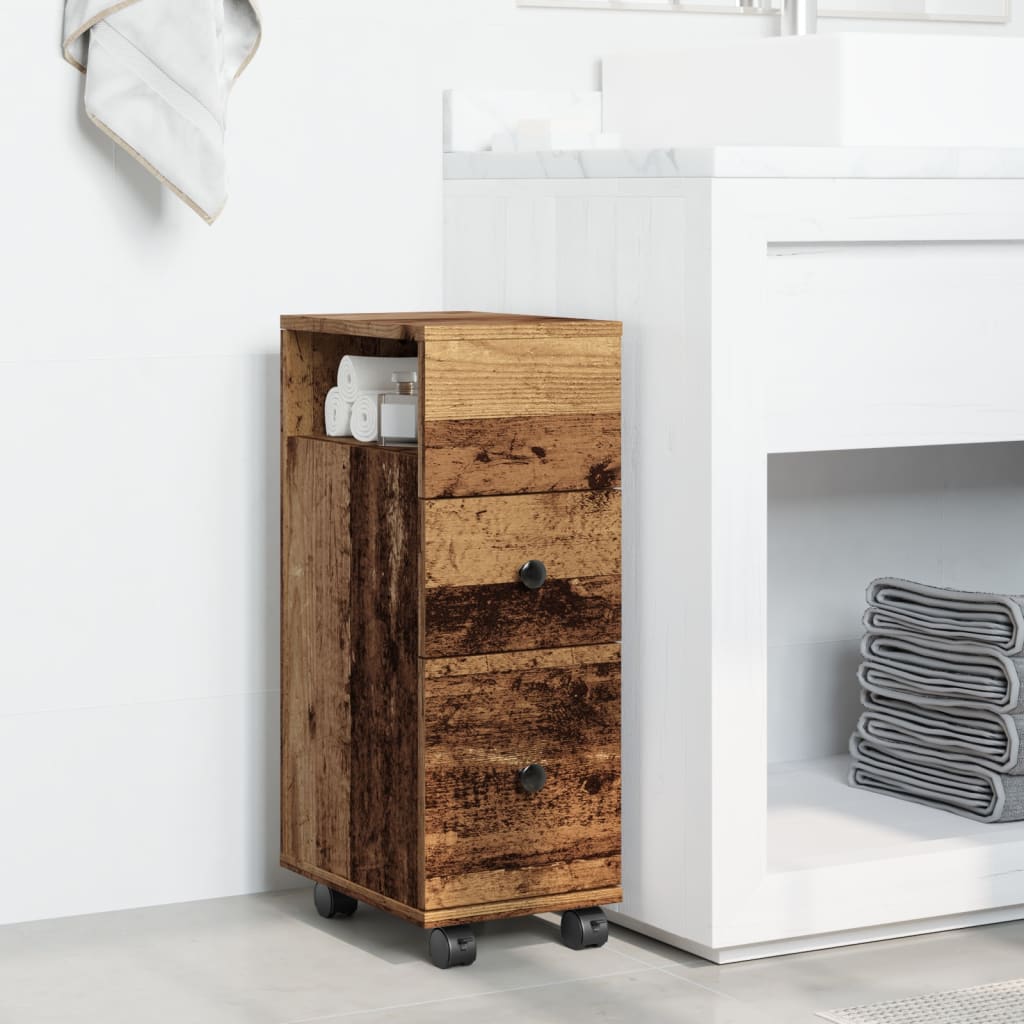 Meuble étroit de salle de bain à roulettes vieux bois - XIOS