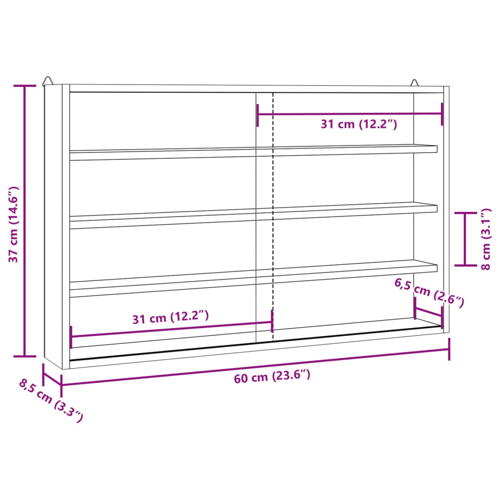 Vitrine de collection en bois avec portes 60 x 8,5 x 37 cm
