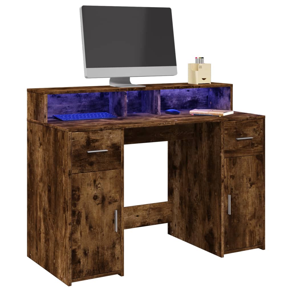 Bureau et lumières LED chêne fumé 120x55x91cm bois d'ingénierie - XIOS