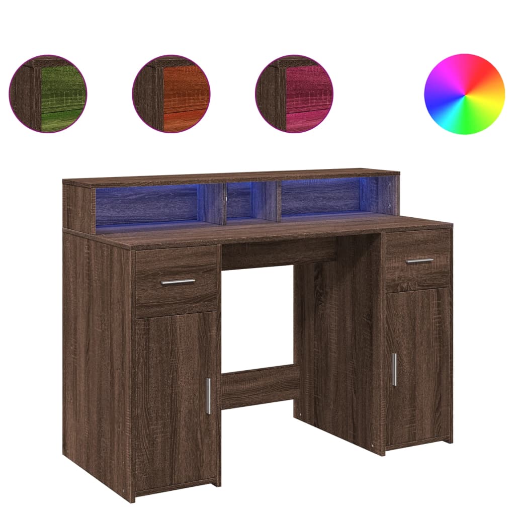 Bureau et lumières LED chêne marron bois d'ingénierie - XIOS