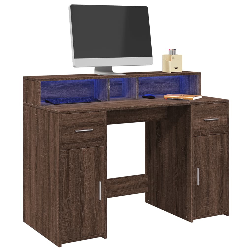 Bureau et lumières LED chêne marron bois d'ingénierie - XIOS