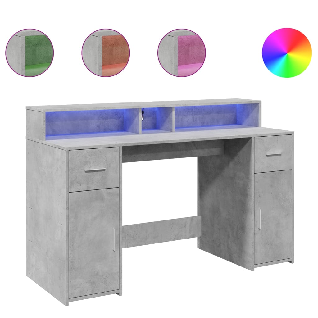 Bureau et lumières LED gris béton 140x55x91cm bois d'ingénierie - XIOS
