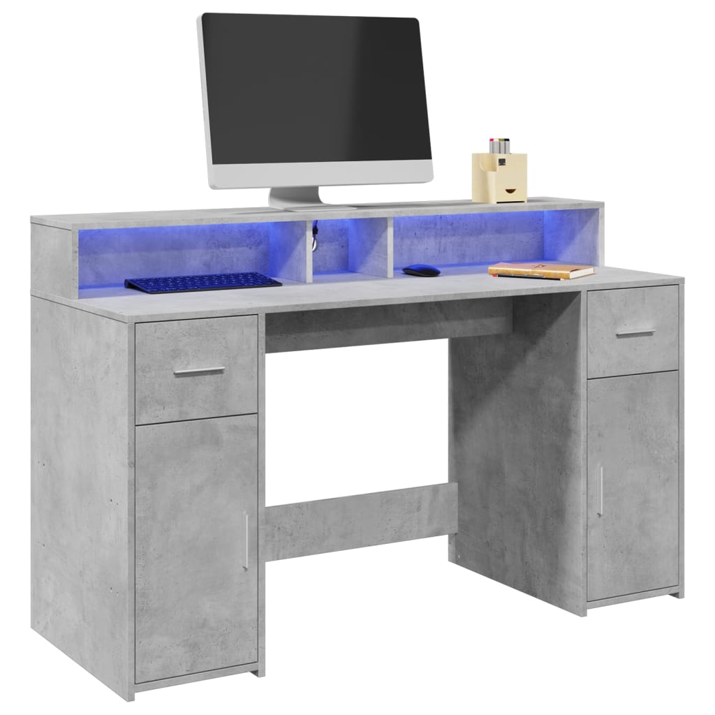 Bureau et lumières LED gris béton 140x55x91cm bois d'ingénierie - XIOS