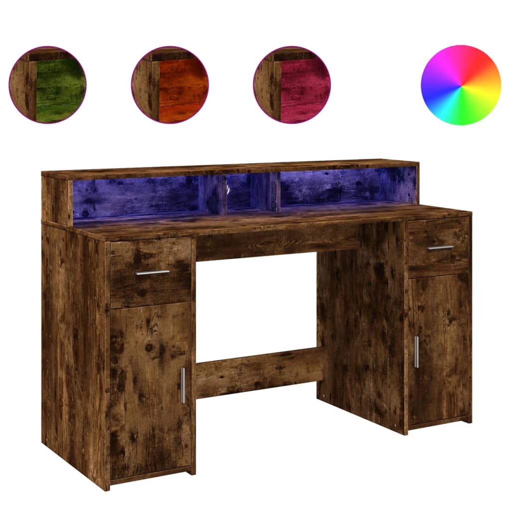 Bureau et lumières LED chêne fumé 140x55x91cm bois d'ingénierie - XIOS