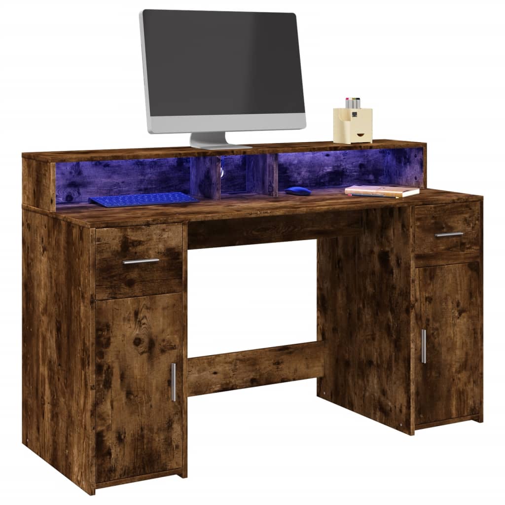 Bureau et lumières LED chêne fumé 140x55x91cm bois d'ingénierie - XIOS