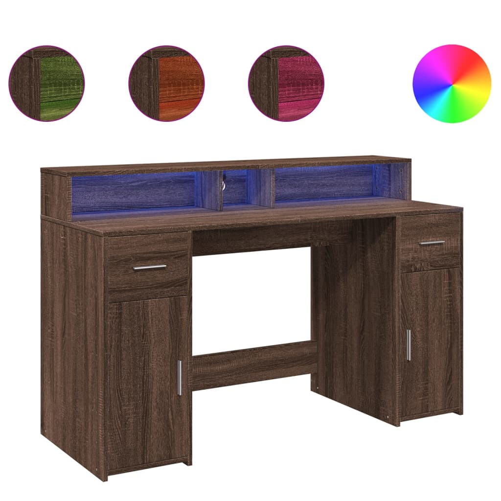 Bureau et lumières LED chêne marron bois d'ingénierie - XIOS