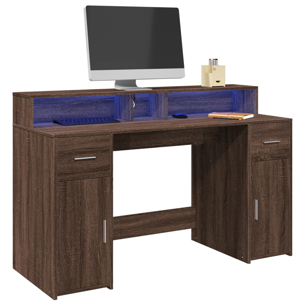 Bureau et lumières LED chêne marron bois d'ingénierie - XIOS
