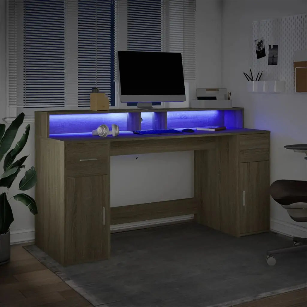 Bureau avec lumières LED chêne sonoma bois d’ingénierie - XIOS