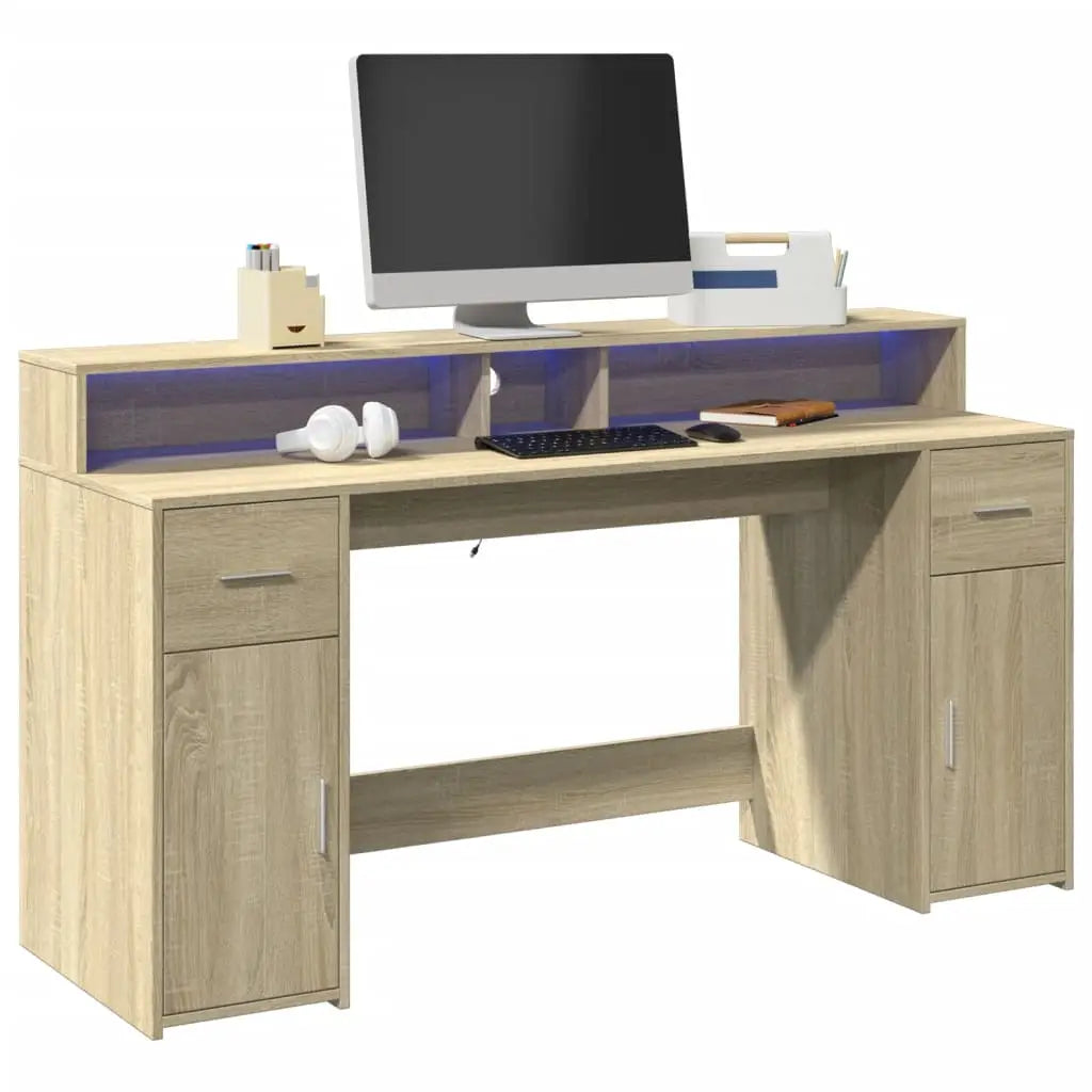 Bureau avec lumières LED chêne sonoma bois d’ingénierie - XIOS