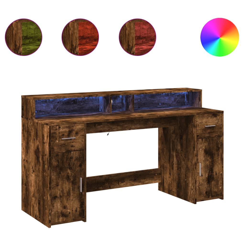 Bureau et lumières LED chêne fumé 160x55x91cm bois d'ingénierie