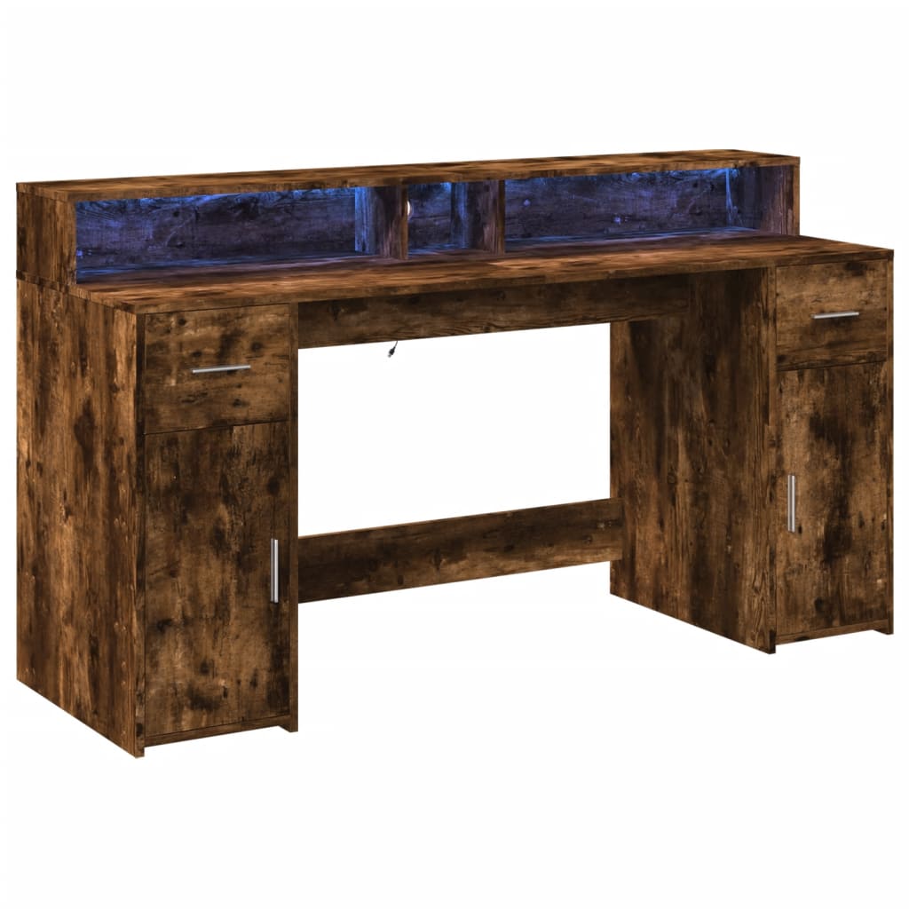 Bureau et lumières LED chêne fumé 160x55x91cm bois d'ingénierie