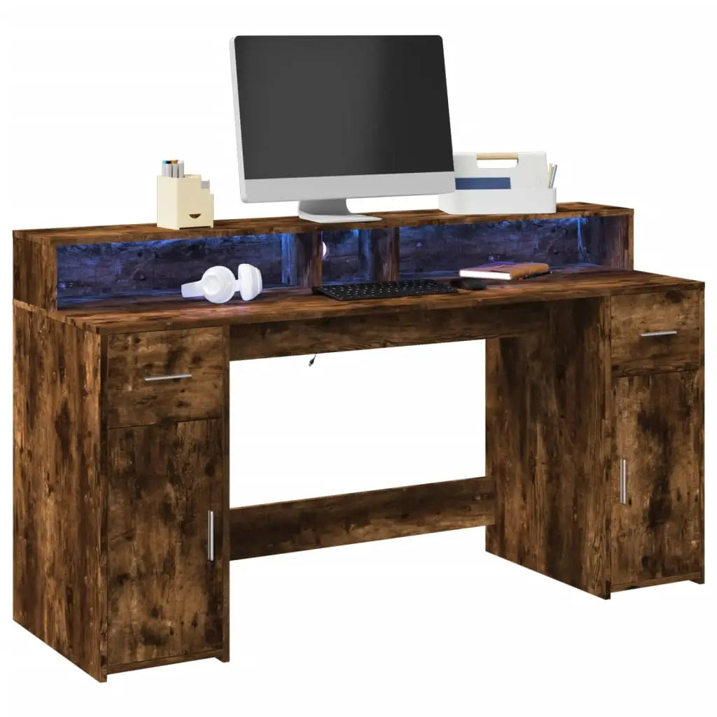Bureau et lumières LED chêne fumé 160x55x91cm bois d’ingénierie - XIOS