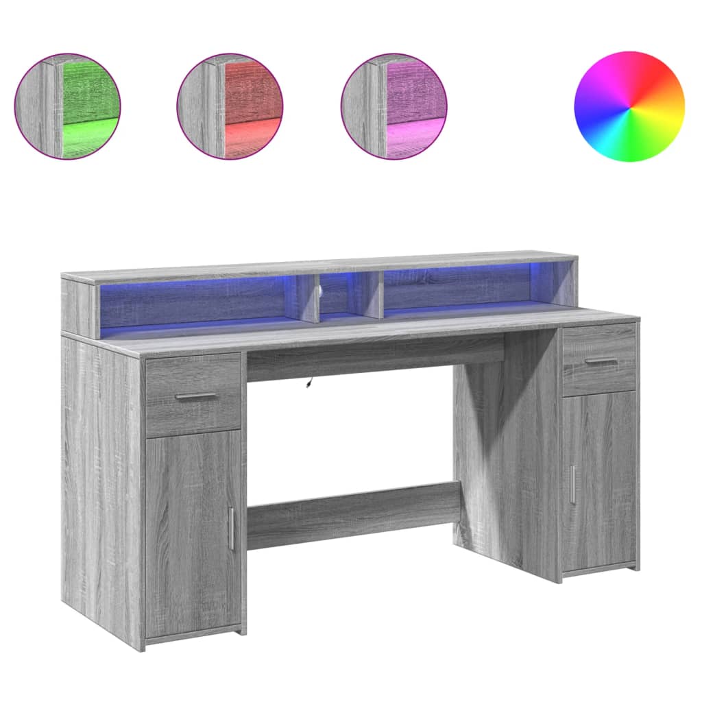 Bureau et lumières LED sonoma gris 160x55x91 cm bois ingénierie