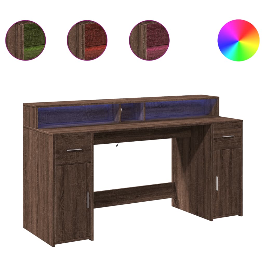 Bureau et lumières LED chêne marron bois d'ingénierie
