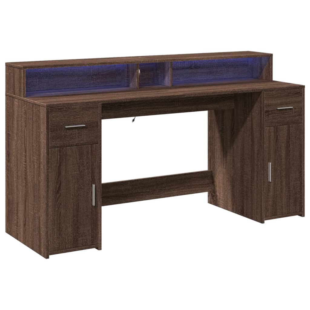 Bureau et lumières LED chêne marron bois d'ingénierie