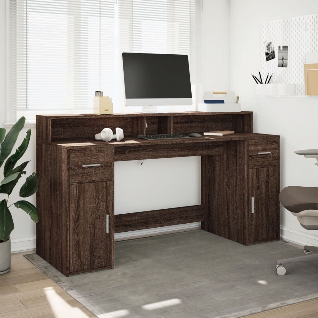 Bureau et lumières LED chêne marron bois d'ingénierie