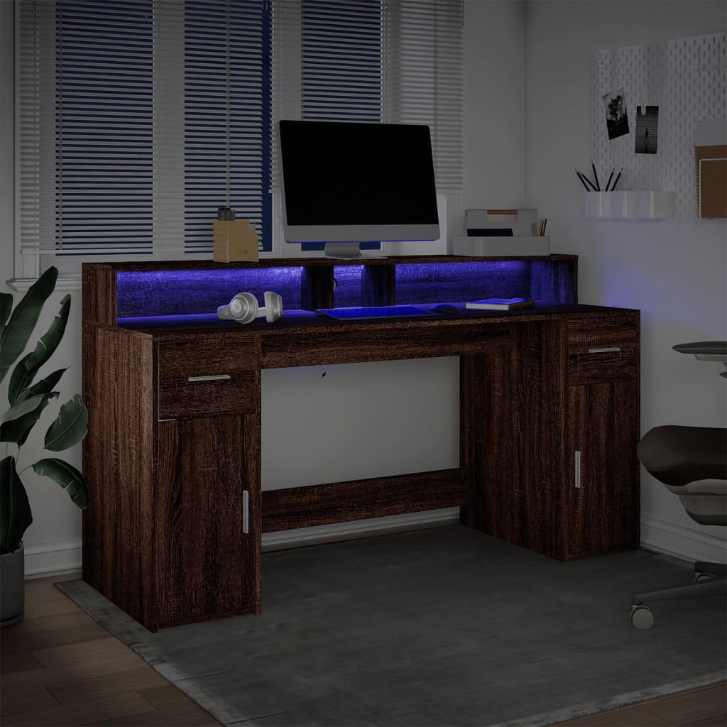 Bureau et lumières LED chêne marron bois d'ingénierie