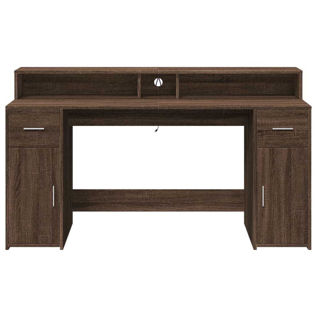 Bureau et lumières LED chêne marron bois d'ingénierie