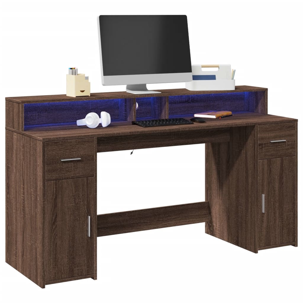 Bureau et lumières LED chêne marron bois d'ingénierie - XIOS