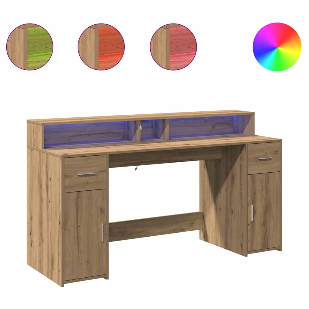 Bureau avec lumières LED chêne artisanal bois d'ingénierie