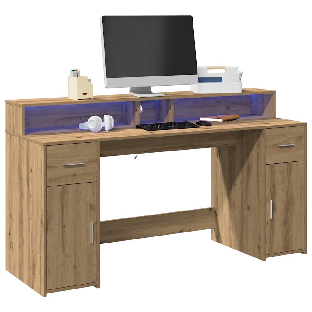 Bureau avec lumières LED chêne artisanal bois d'ingénierie