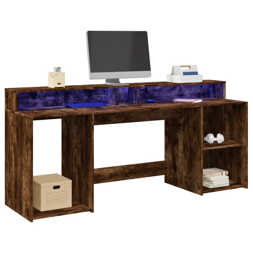 Bureau et lumières LED chêne fumé 200x55x91cm bois d'ingénierie - XIOS