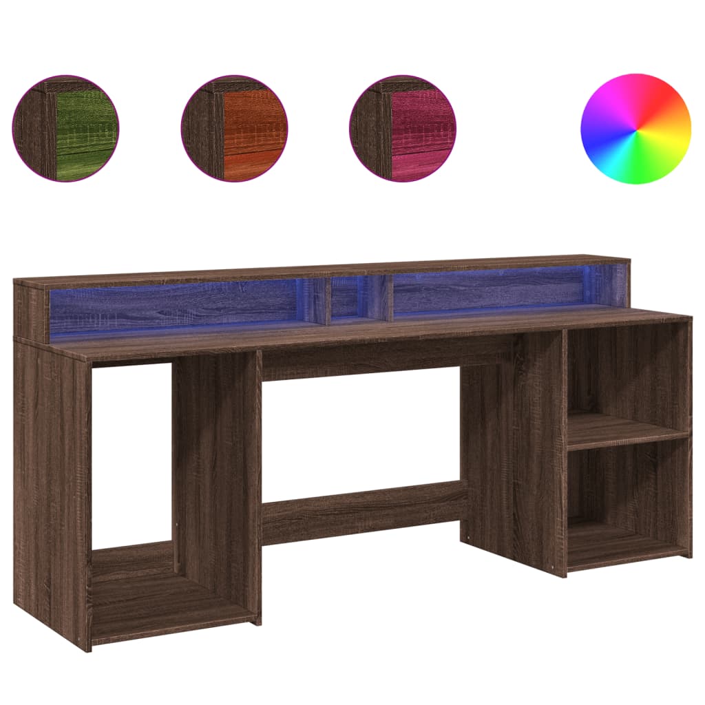 Bureau et lumières LED chêne marron bois d'ingénierie