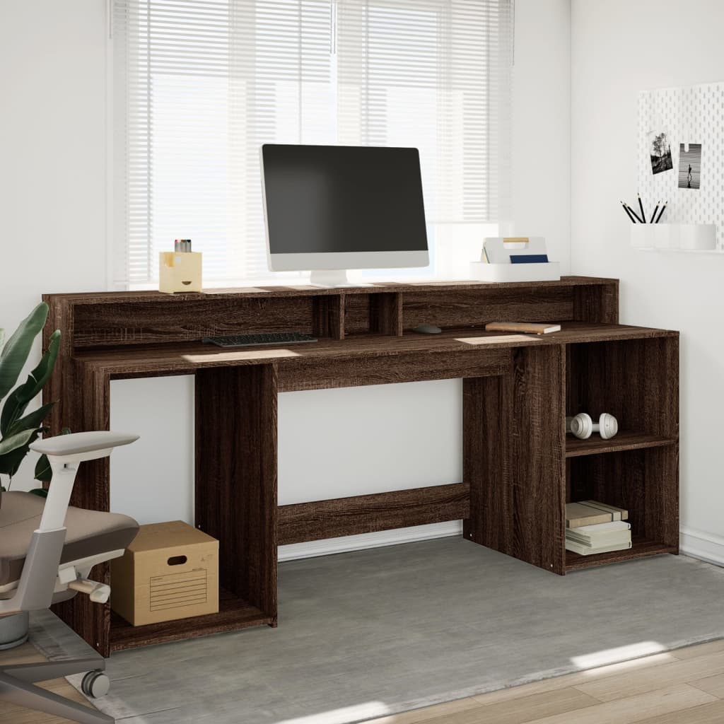 Bureau et lumières LED chêne marron bois d'ingénierie
