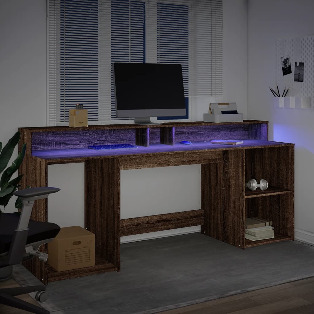 Bureau et lumières LED chêne marron bois d'ingénierie