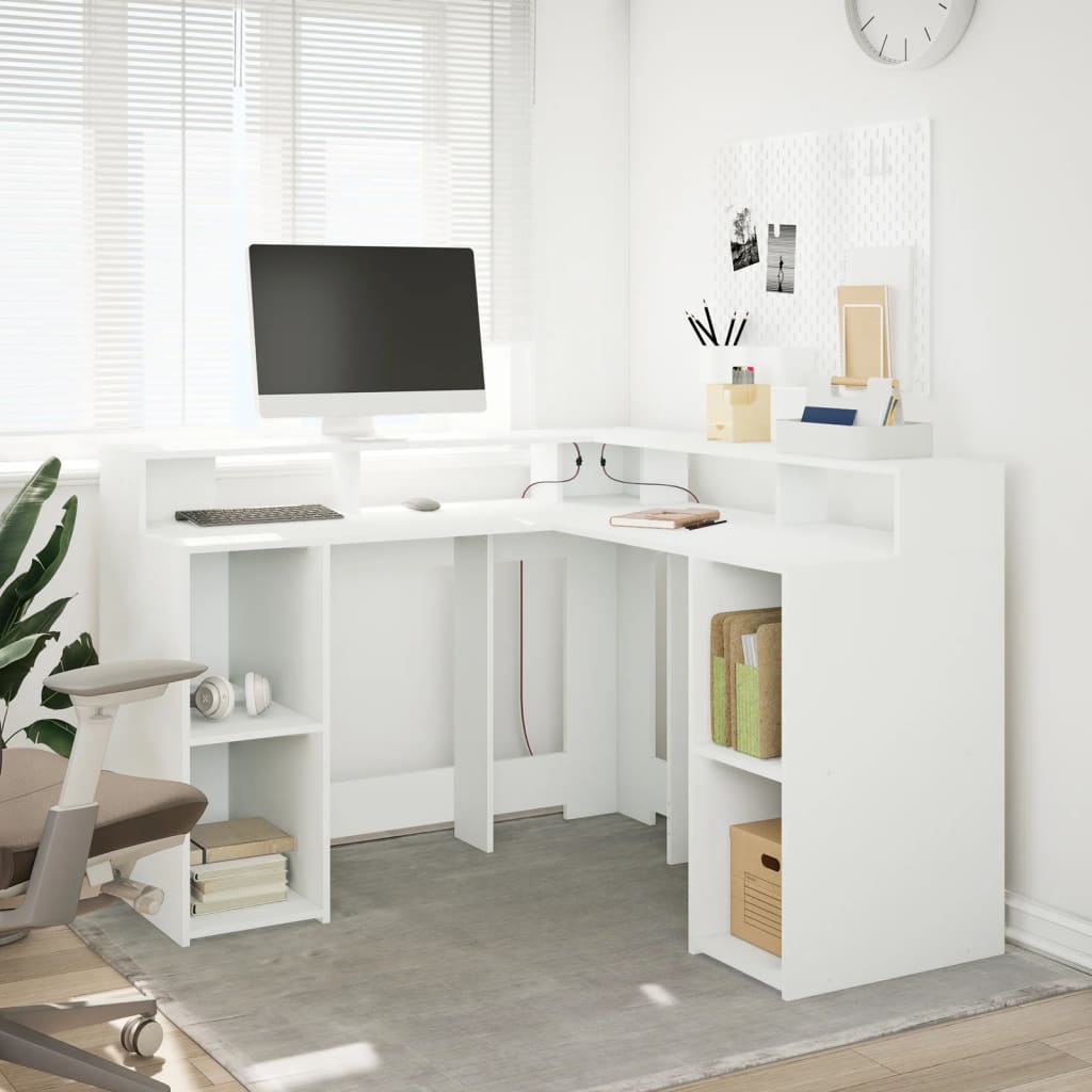 Bureau avec lumières LED blanc 130x130x91 cm bois d'ingénierie