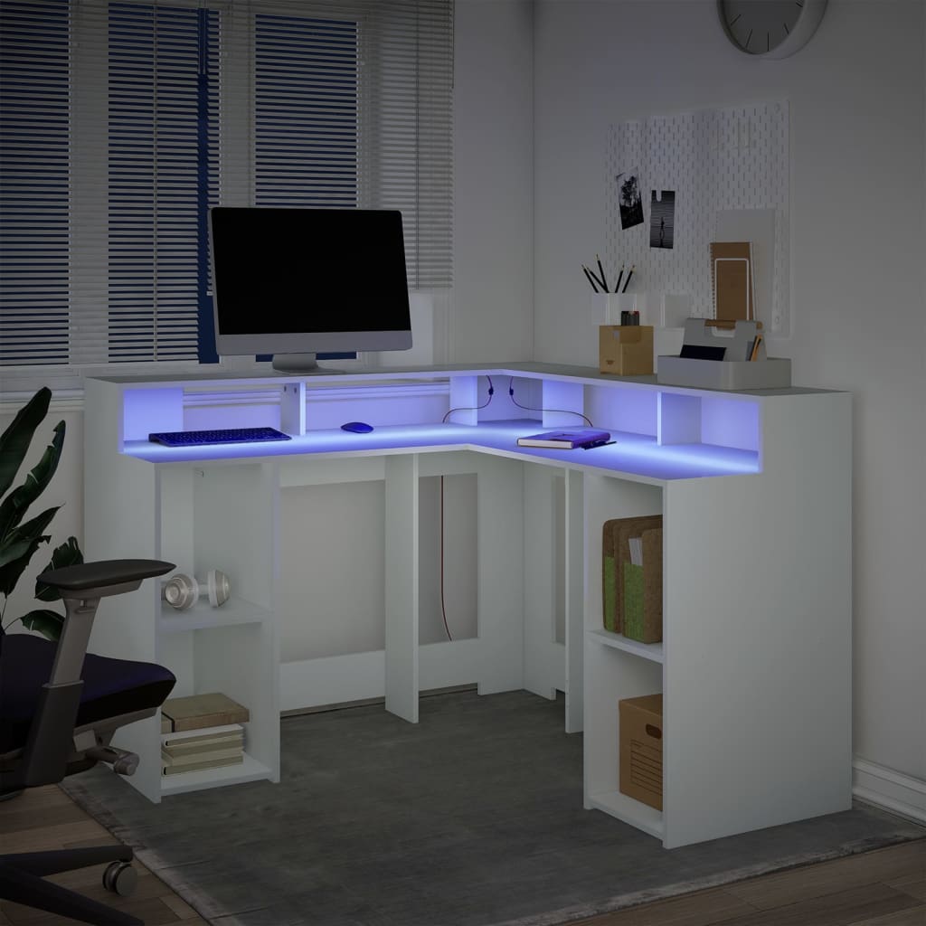 Bureau avec lumières LED blanc 130x130x91 cm bois d'ingénierie