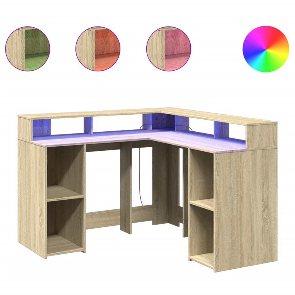 Bureau avec lumières LED chêne sonoma bois d'ingénierie