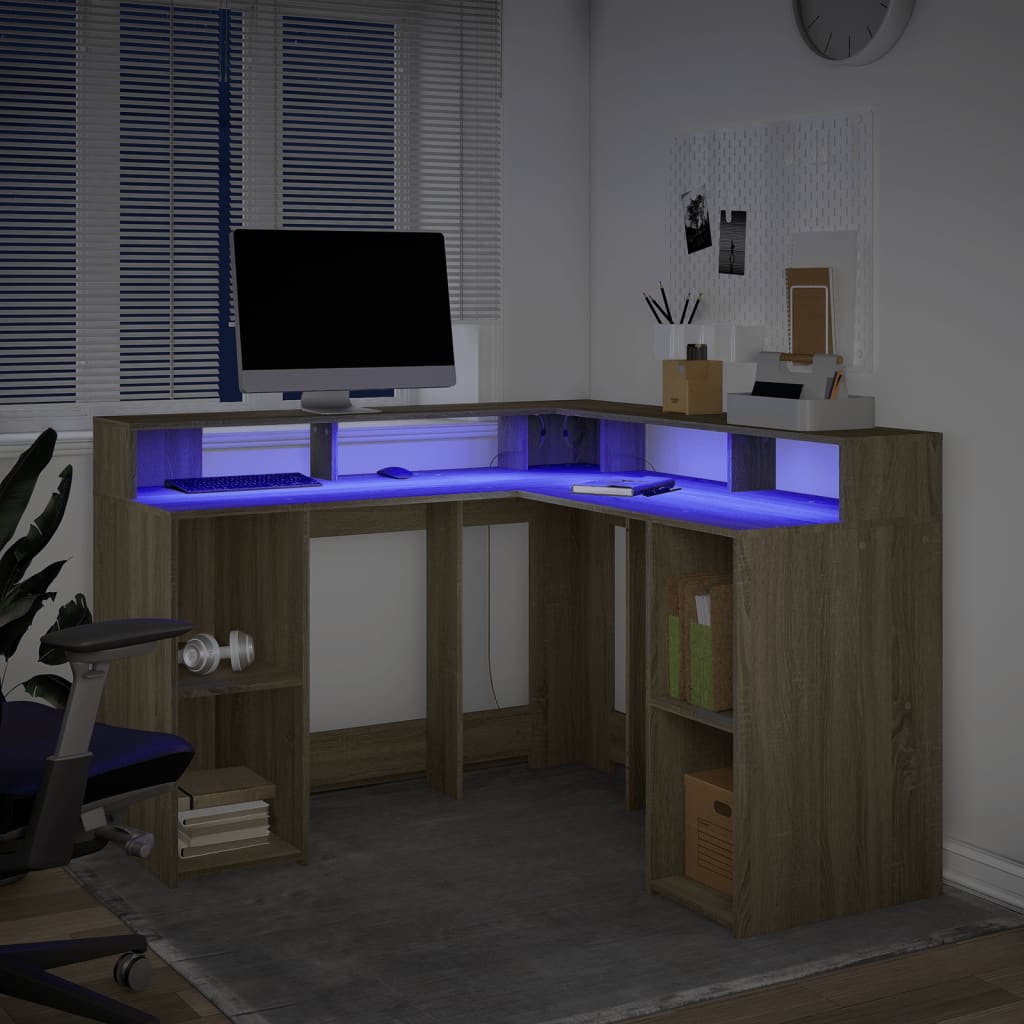 Bureau avec lumières LED chêne sonoma bois d'ingénierie