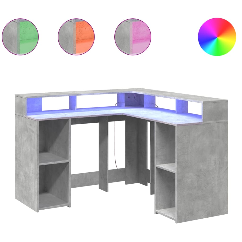 Bureau et lumières LED gris béton 130x130x91cm bois ingénierie - XIOS