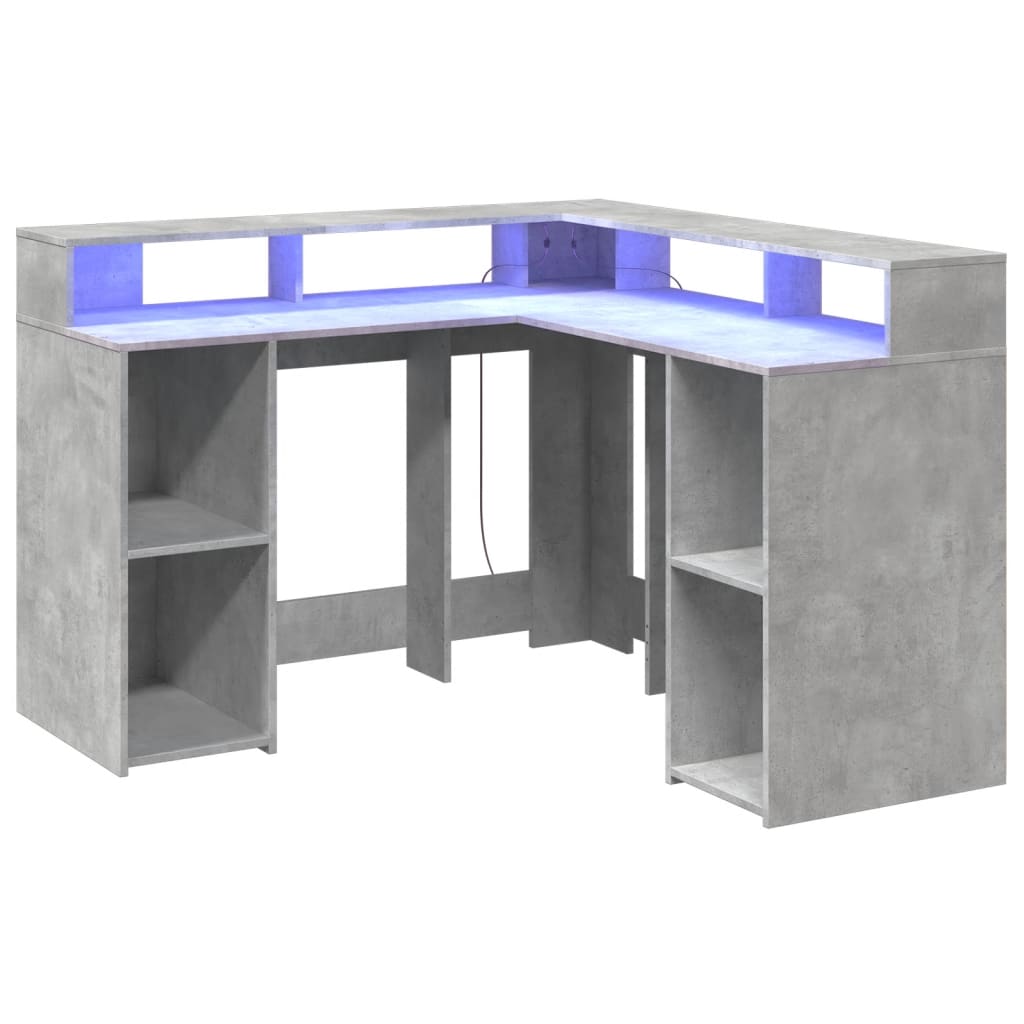Bureau et lumières LED gris béton 130x130x91cm bois ingénierie - XIOS
