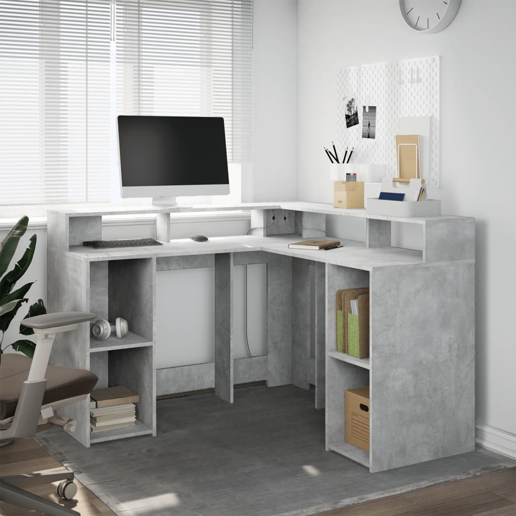 Bureau et lumières LED gris béton 130x130x91cm bois ingénierie - XIOS