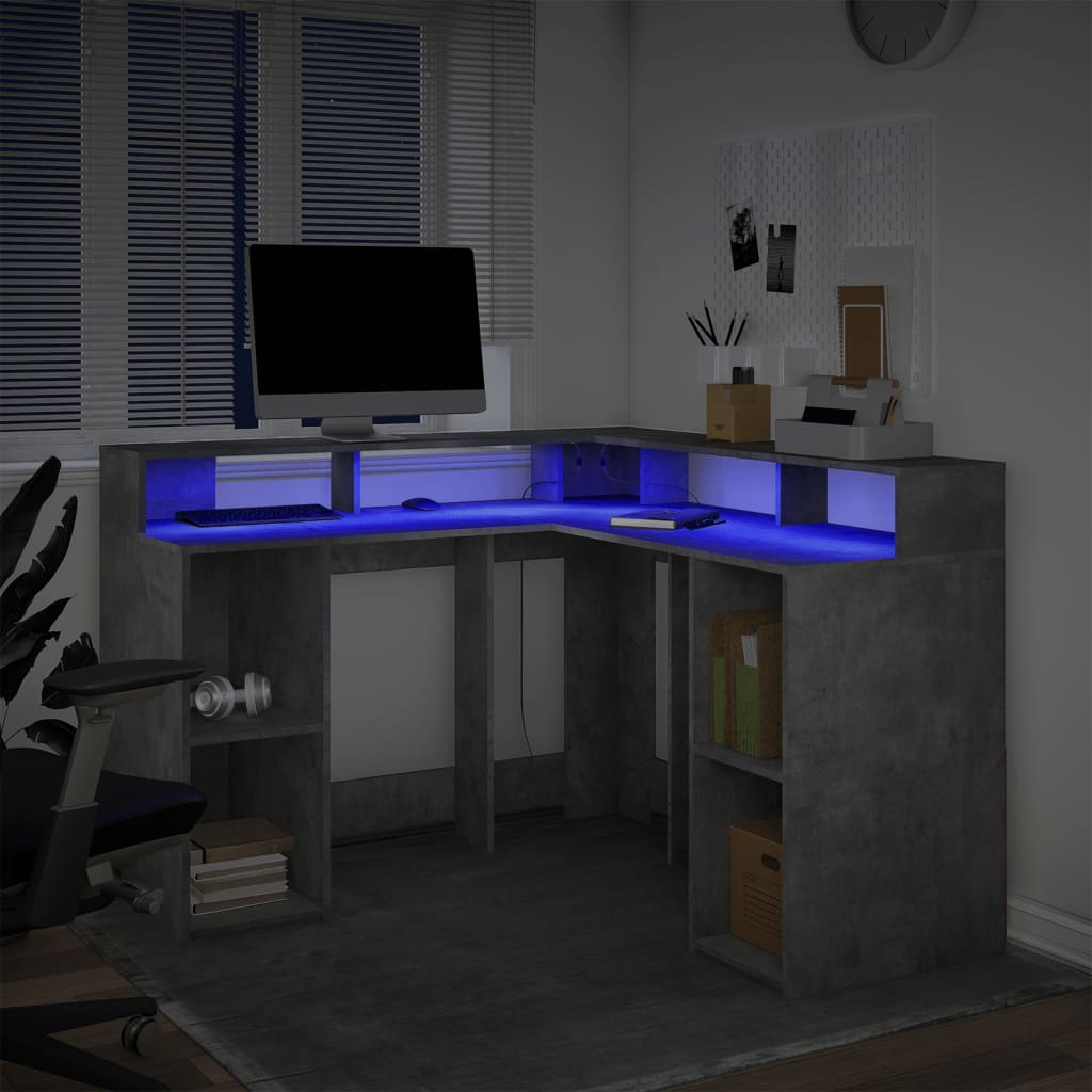 Bureau et lumières LED gris béton 130x130x91cm bois ingénierie - XIOS