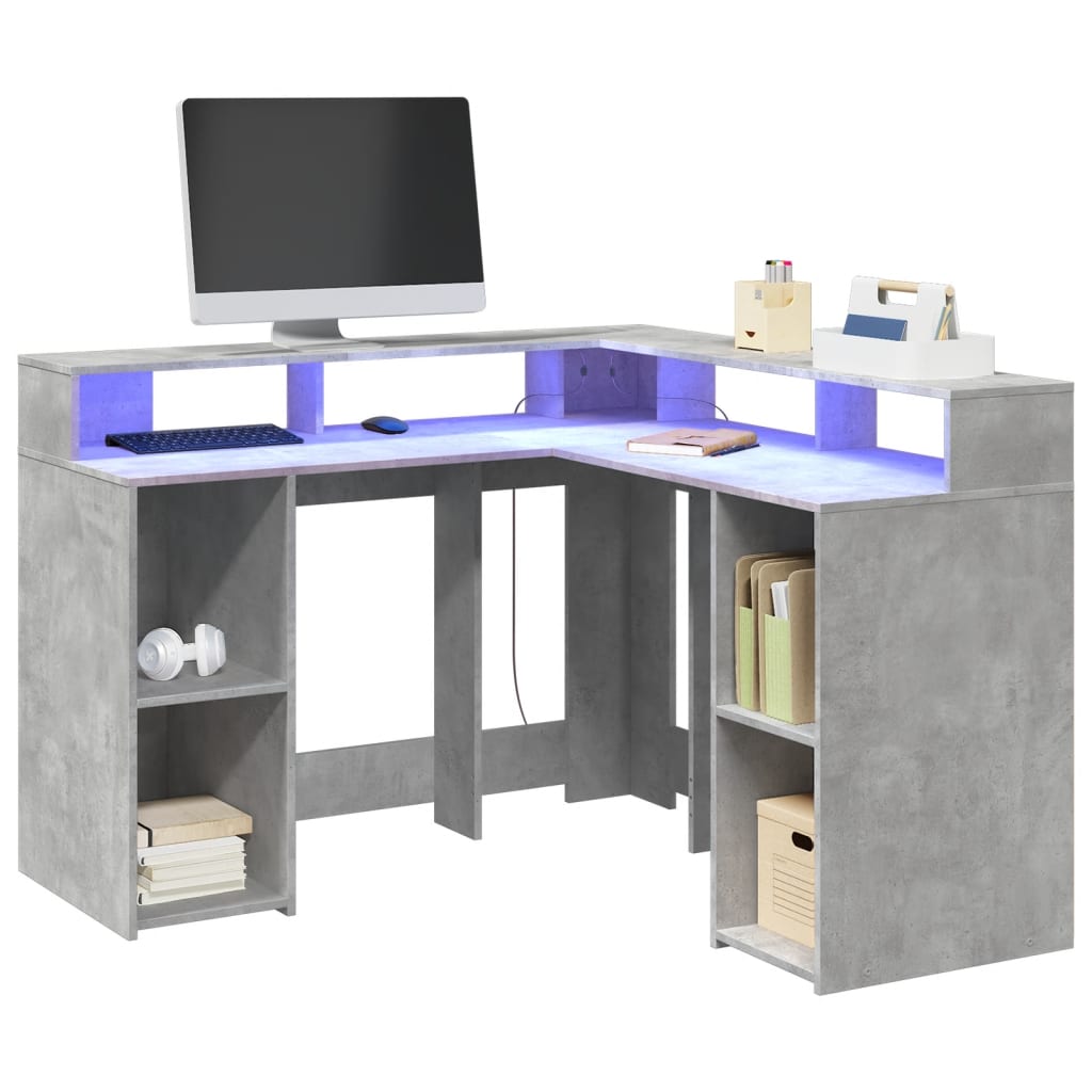 Bureau et lumières LED gris béton 130x130x91cm bois ingénierie - XIOS