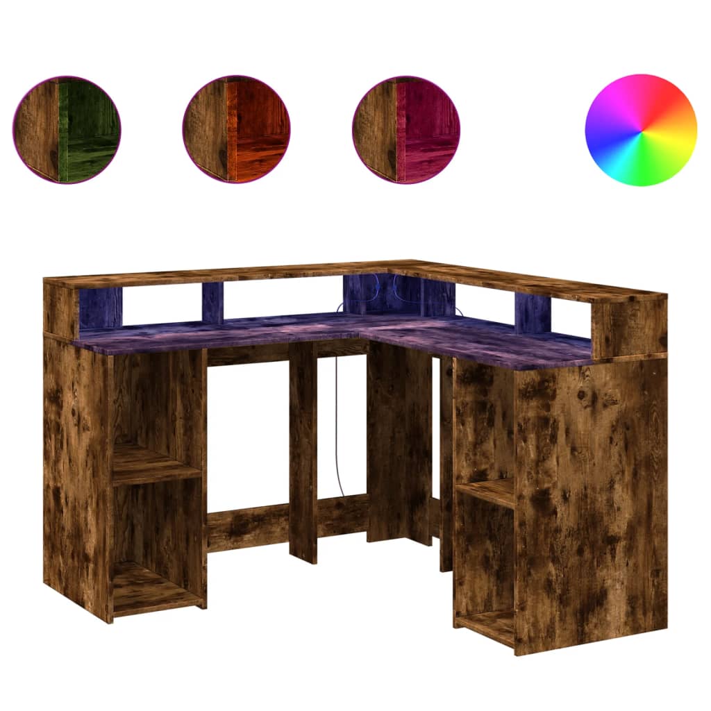 Bureau et lumières LED chêne fumé 130x130x91cm bois ingénierie