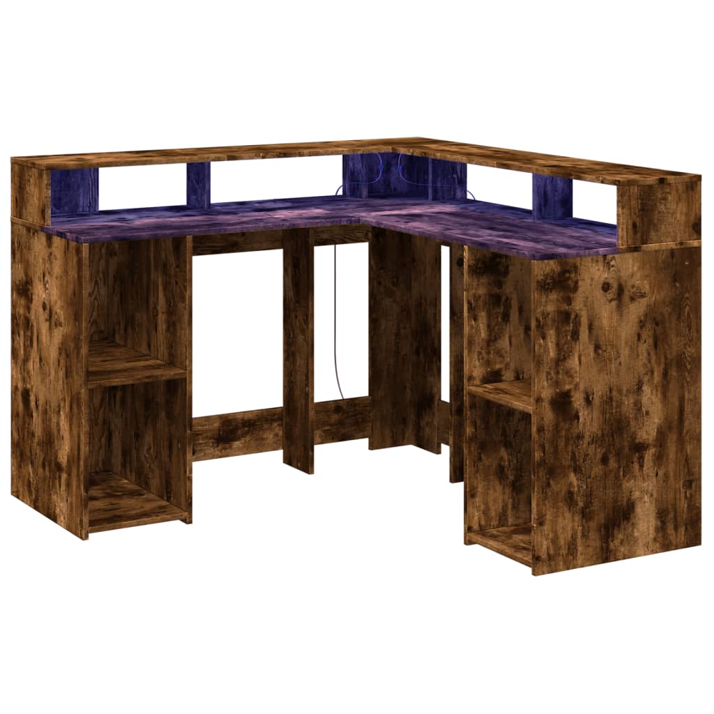 Bureau et lumières LED chêne fumé 130x130x91cm bois ingénierie - XIOS