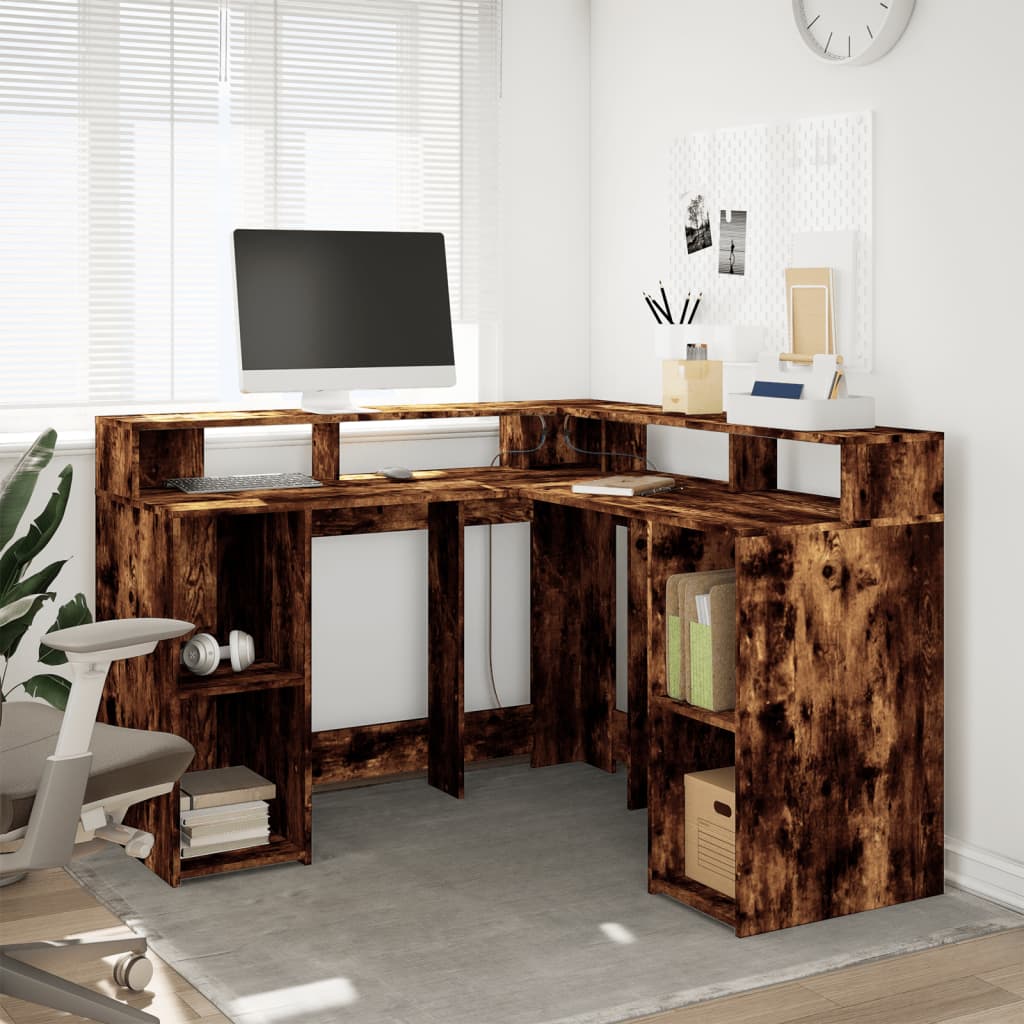 Bureau et lumières LED chêne fumé 130x130x91cm bois ingénierie - XIOS
