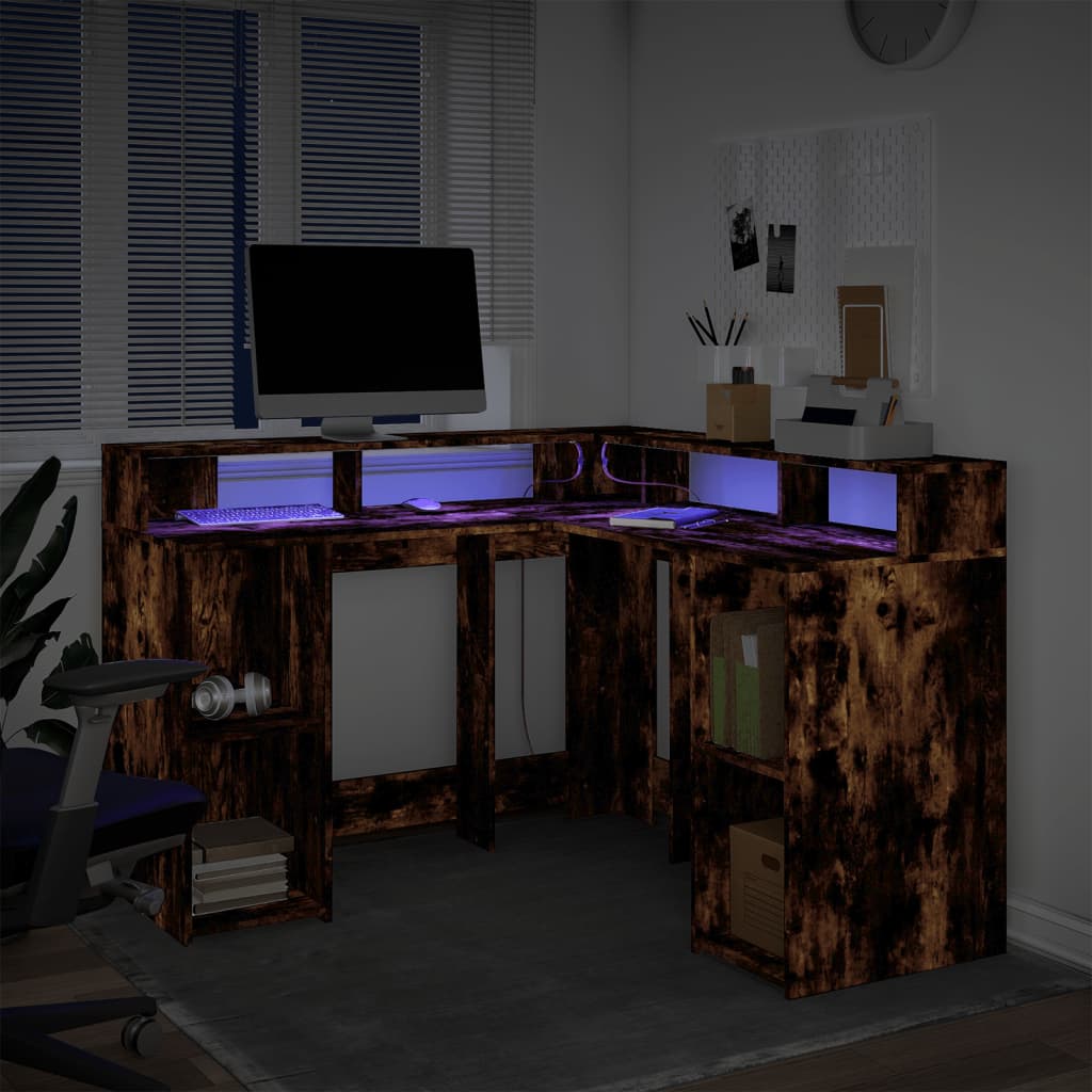Bureau et lumières LED chêne fumé 130x130x91cm bois ingénierie - XIOS