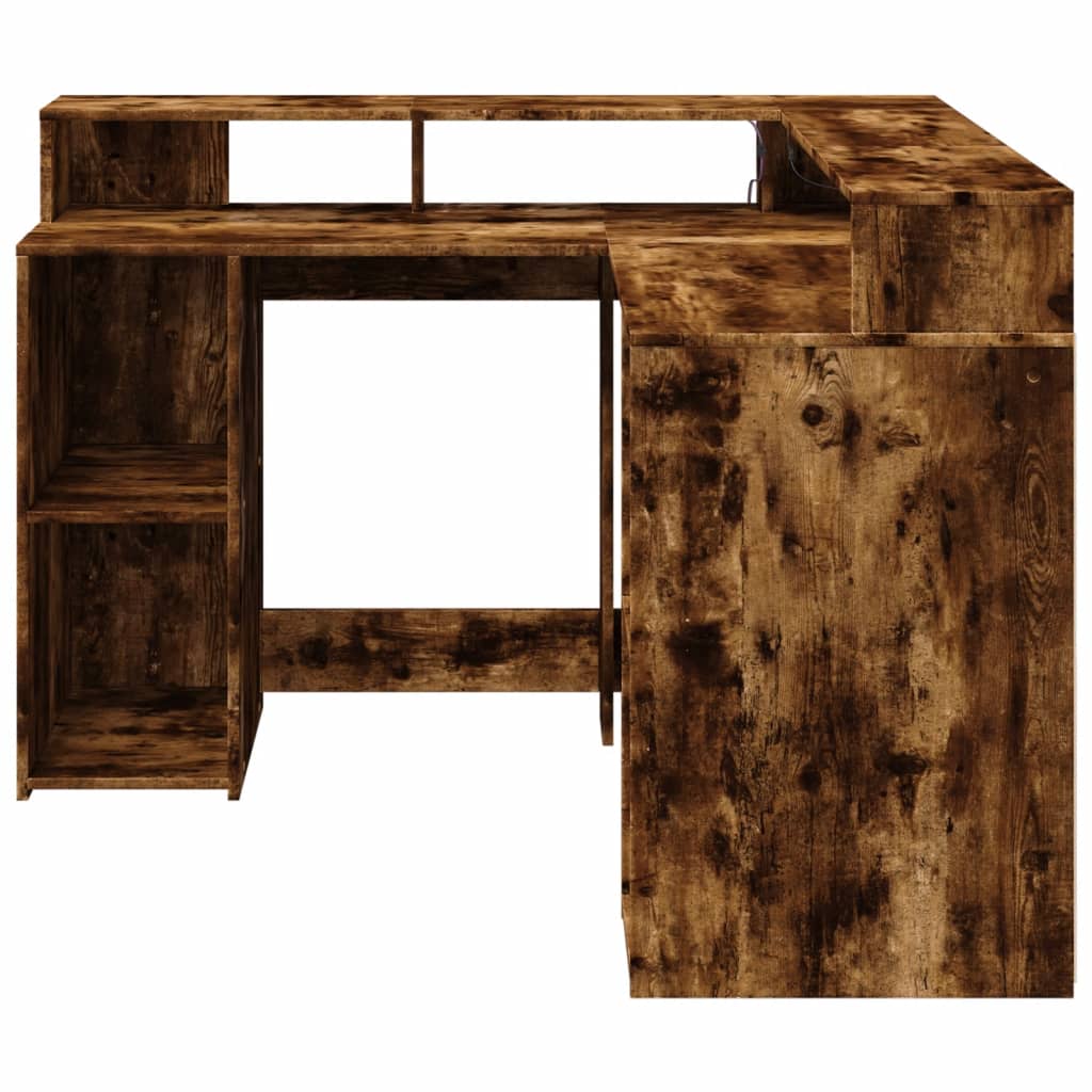 Bureau et lumières LED chêne fumé 130x130x91cm bois ingénierie - XIOS
