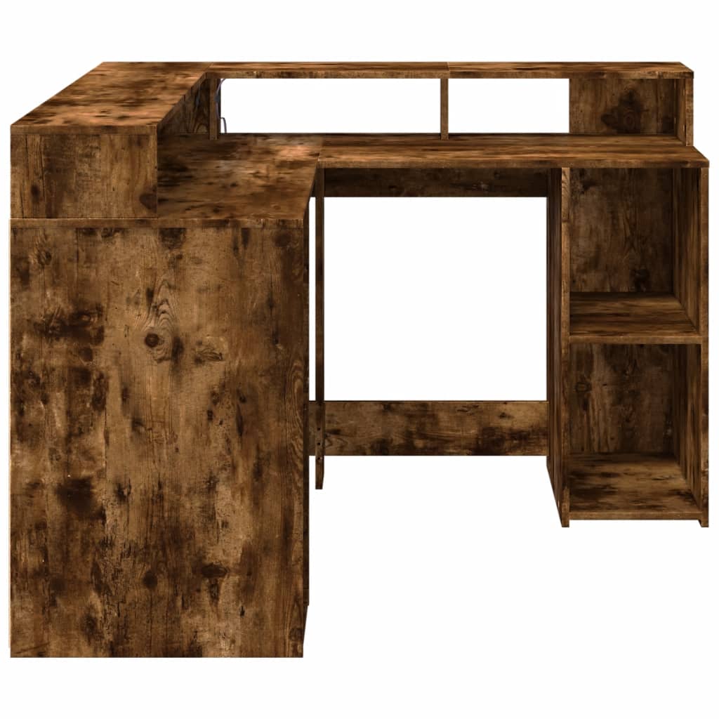 Bureau et lumières LED chêne fumé 130x130x91cm bois ingénierie - XIOS
