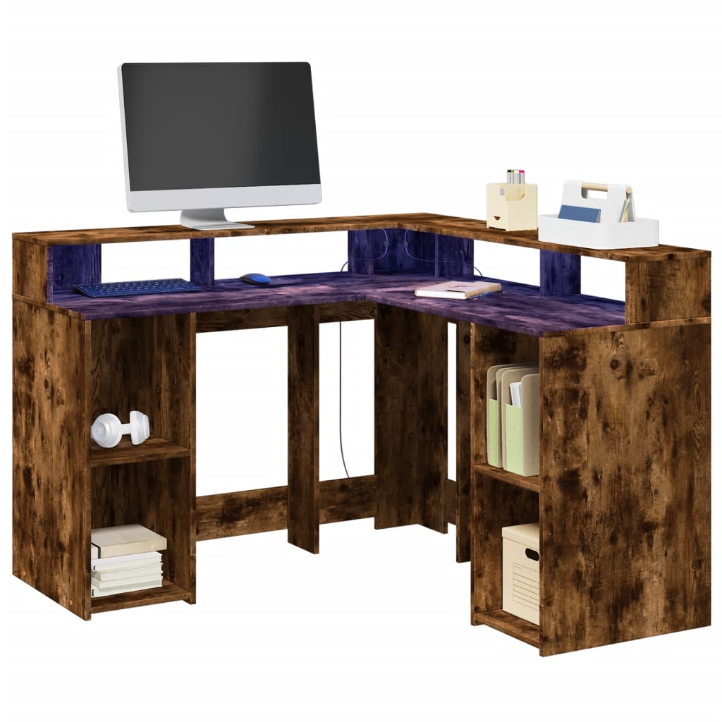 Bureau et lumières LED chêne fumé 130x130x91cm bois ingénierie